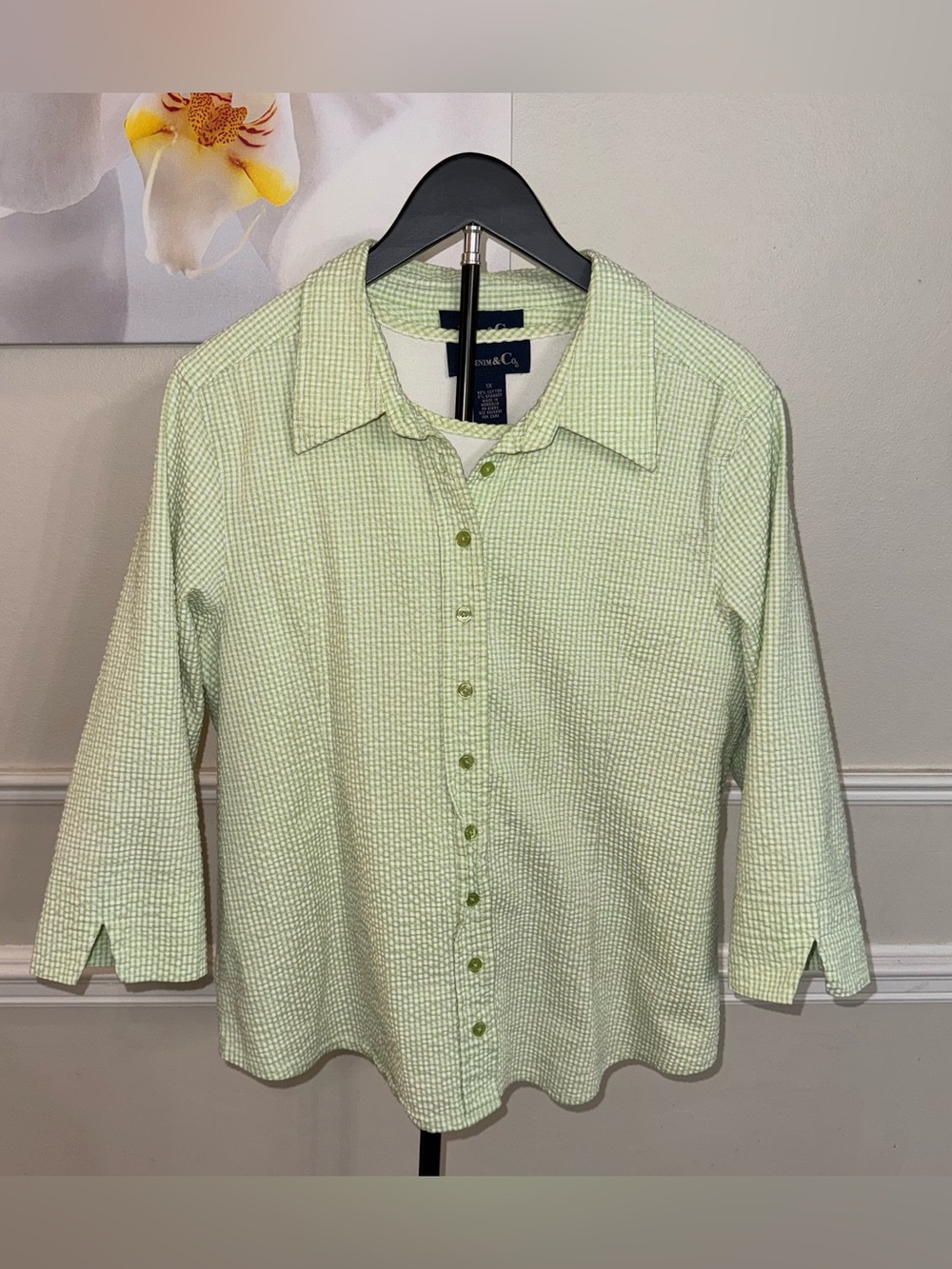 Denim & Co. Button-Down Green & White Gingham Pattern 3/4 Sleeves! Size 1X.